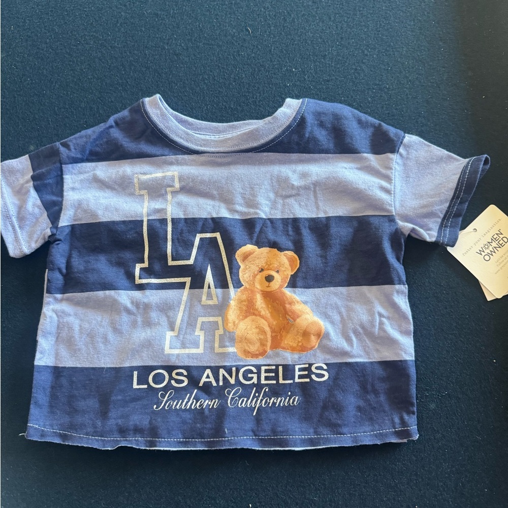 GRAYSON mini Blue Striped Kids T-Shirt w LA& Teddy Bear Design! Cute comfy &cool